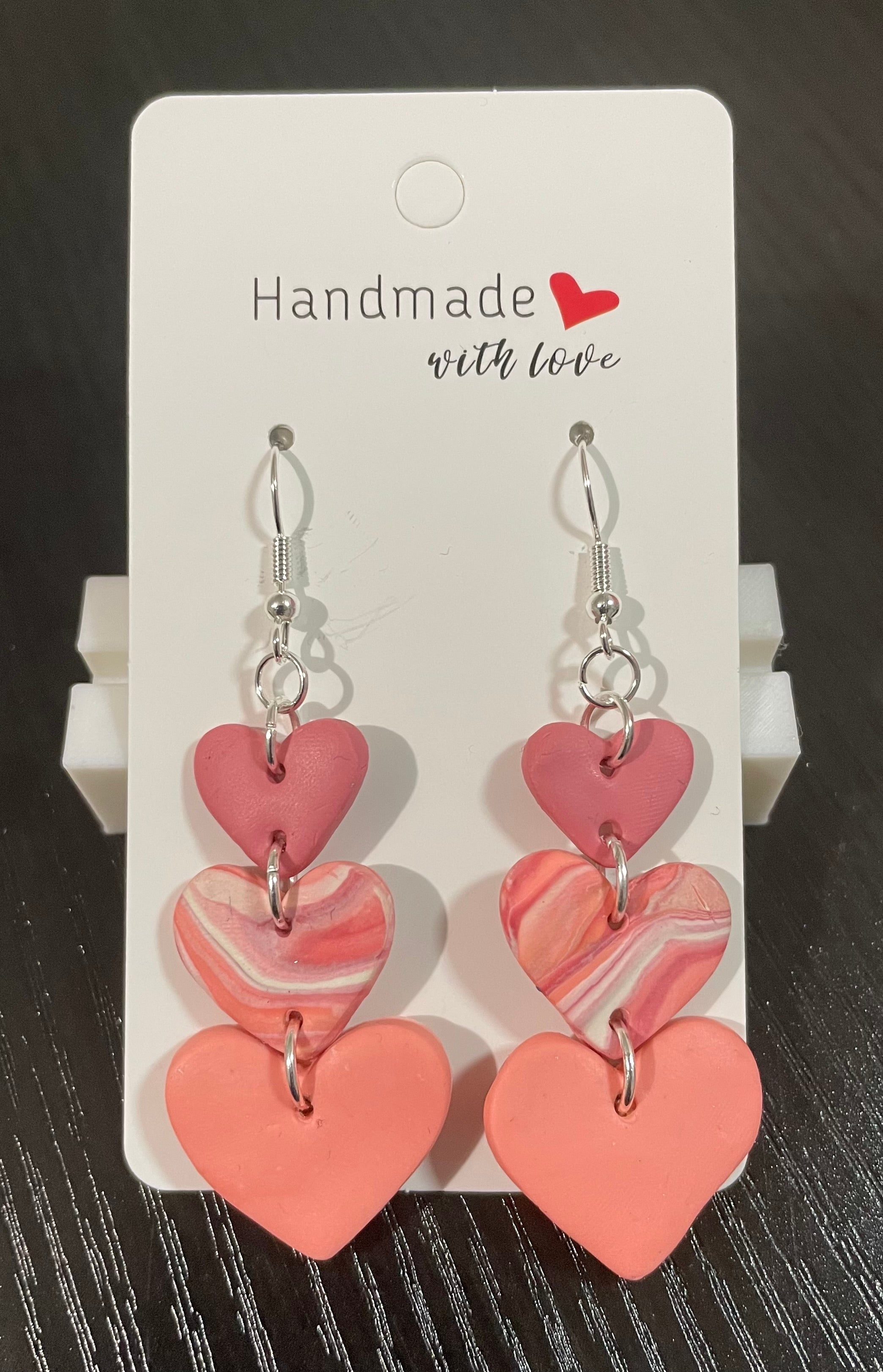Unique Handmade 3 Tones of Pink Hearts Dangly Polymer Clay Earrings.