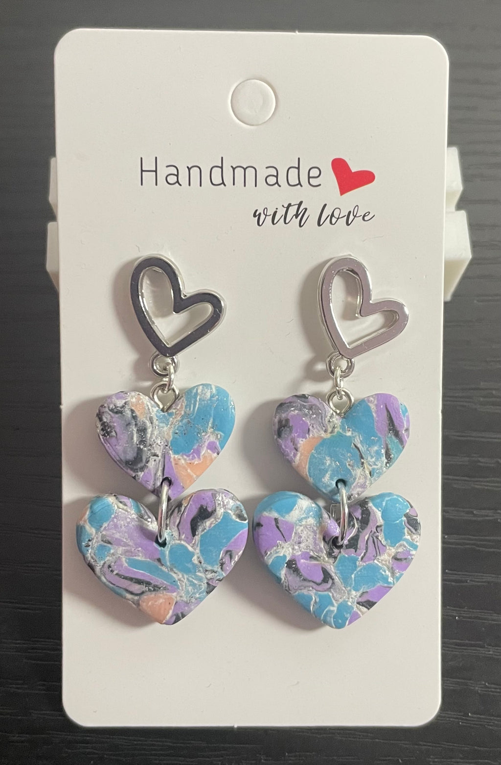 Unique Handmade Polymer Clay Triple Heart Dangly Earrings. Multi coloured Marbled Design.