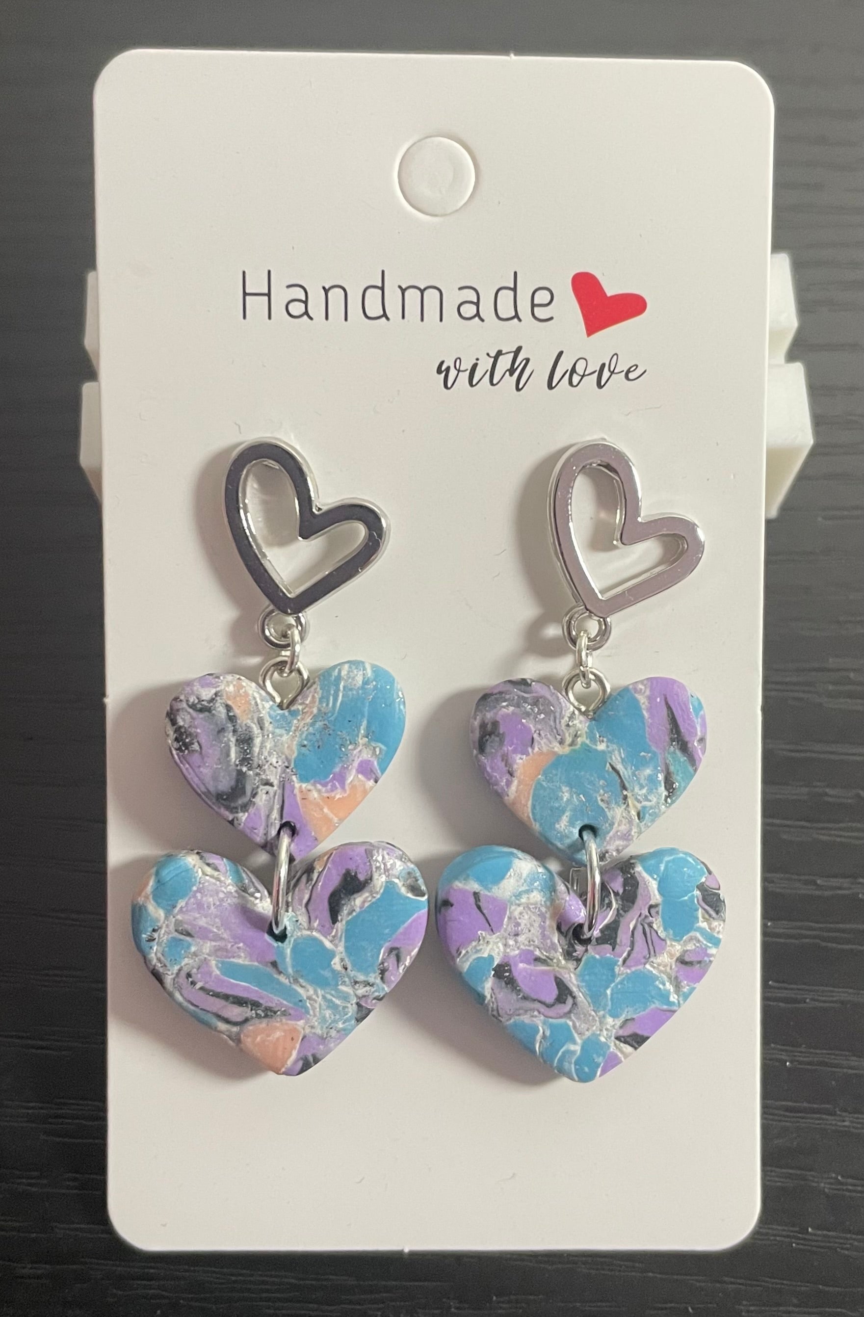 Unique Handmade Polymer Clay Triple Heart Dangly Earrings. Multi coloured Marbled Design.