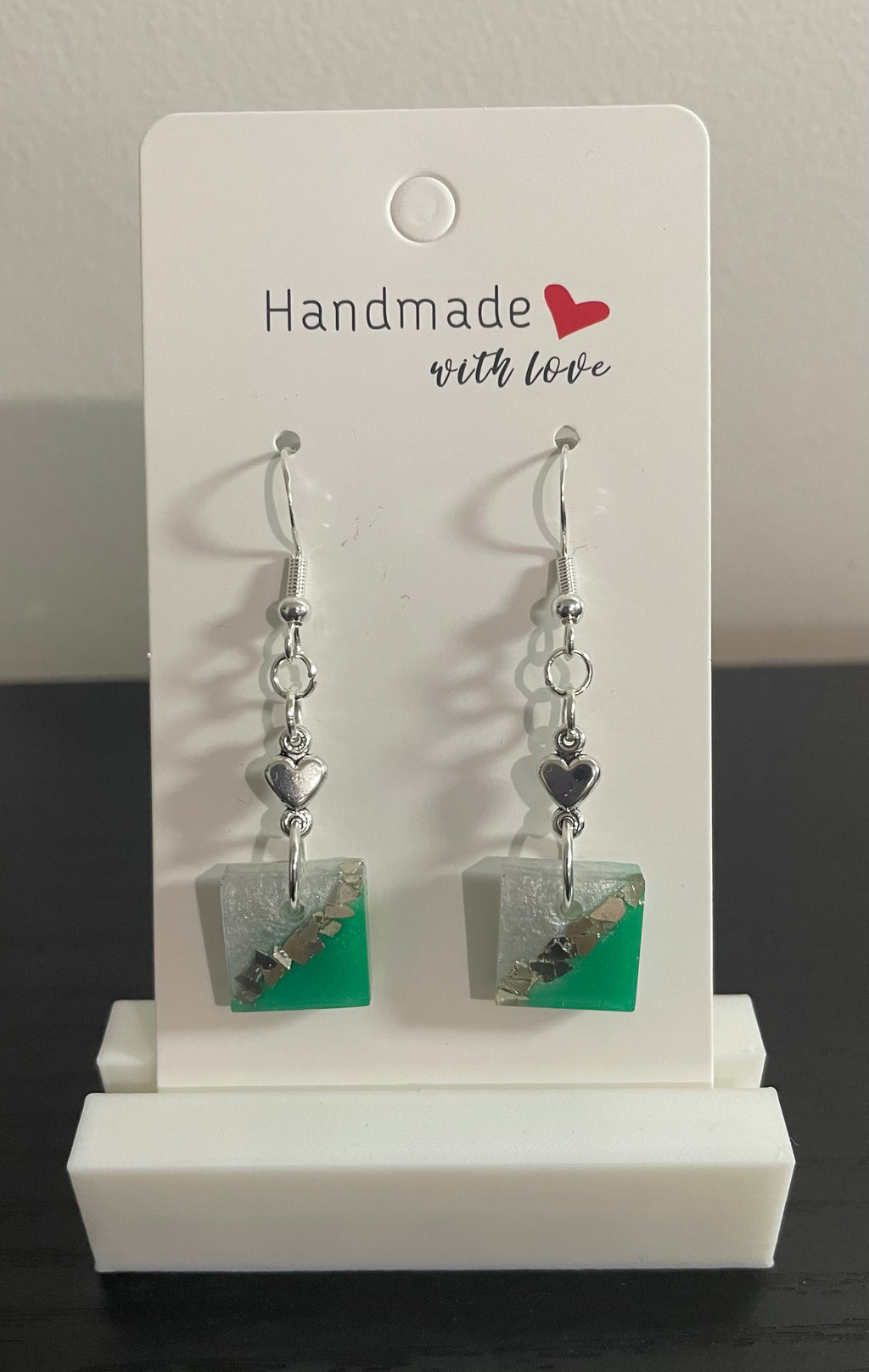 Unique Handmade Resin Dangly Earrings. Two-Tone Green and Pearl White.