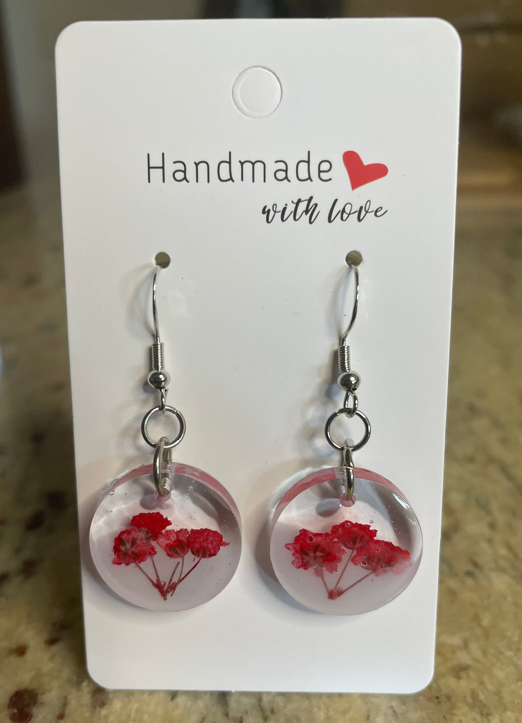 Unique Handmade Resin Round Dangly Earrings with Real Red Flowers.