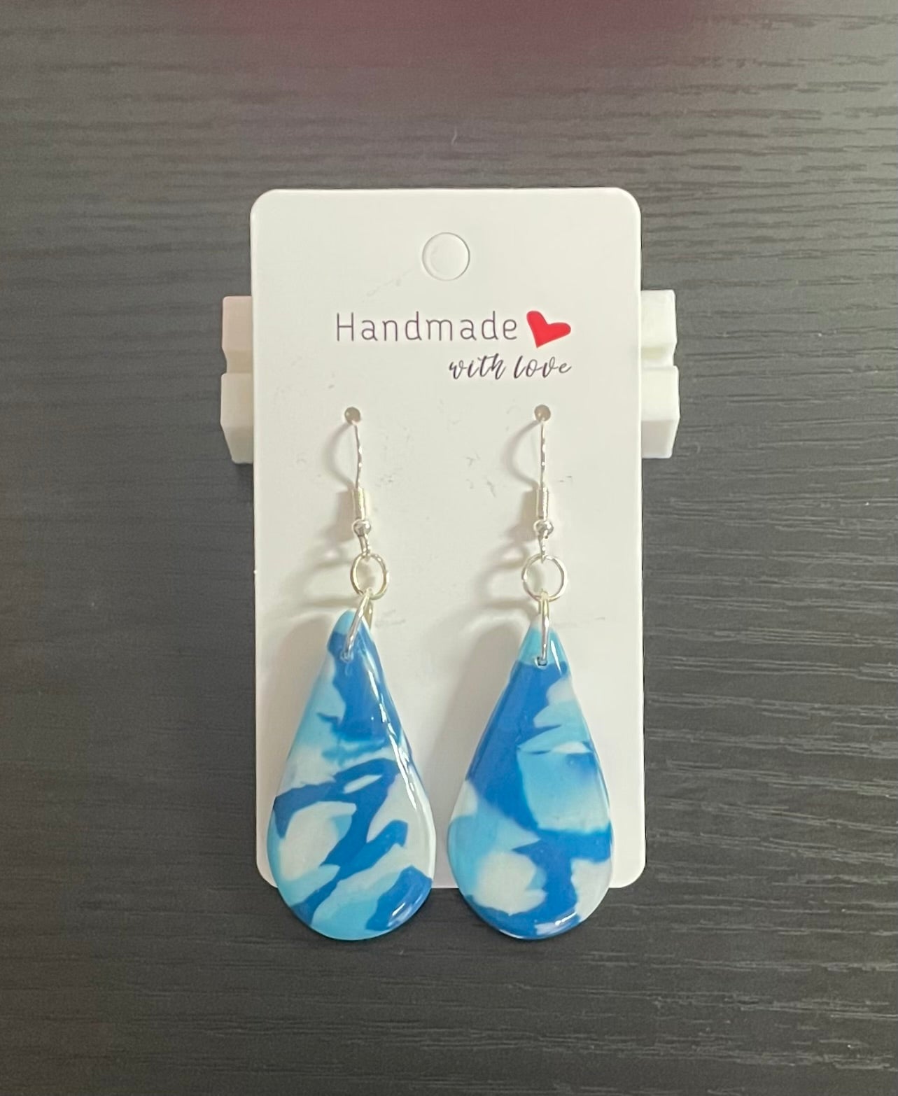 Unique Handmade Marbled Blues and White Dangly Teardrop Earrings.