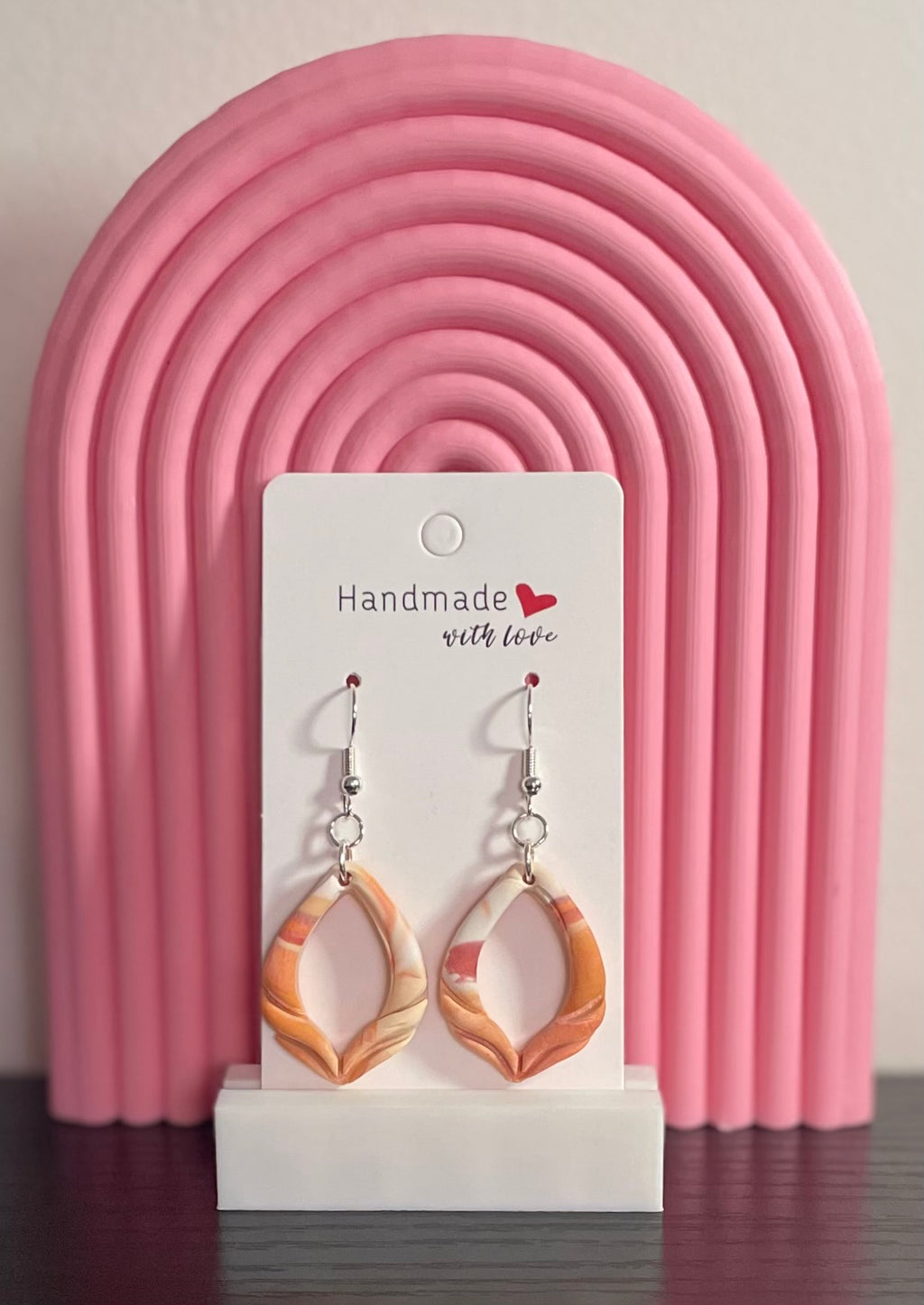 Unique Handmade Polymer Clay Dangly Earrings. Marbled Tones of Orange/Peach and White.