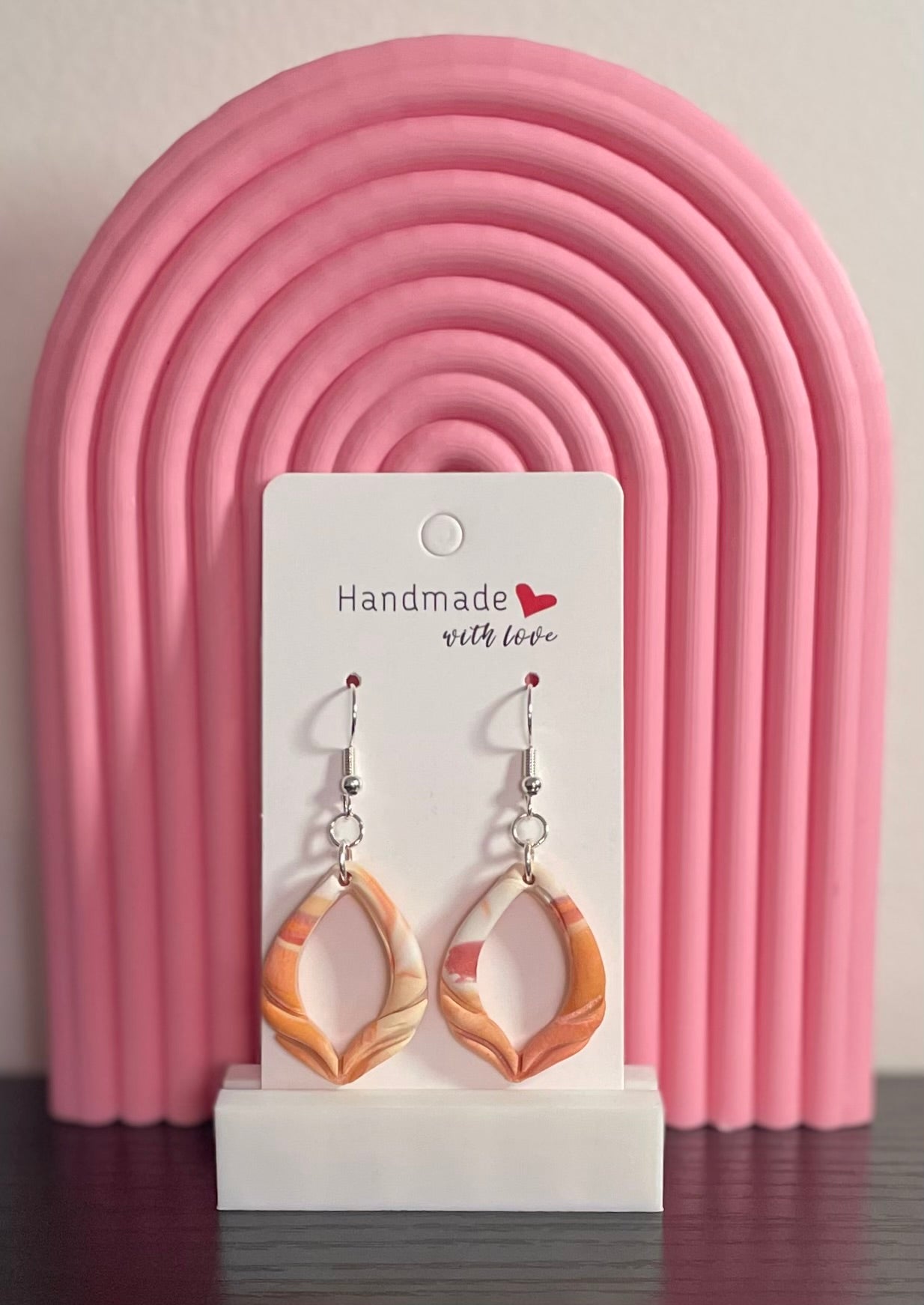 Unique Handmade Polymer Clay Dangly Earrings. Marbled Tones of Orange/Peach and White.