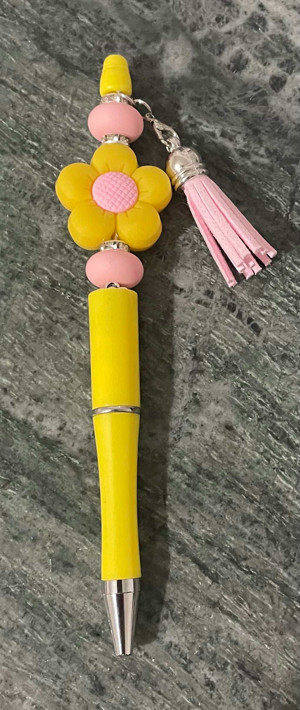 Unique Yellow and Pink Flower Beaded Pen with Tassel.