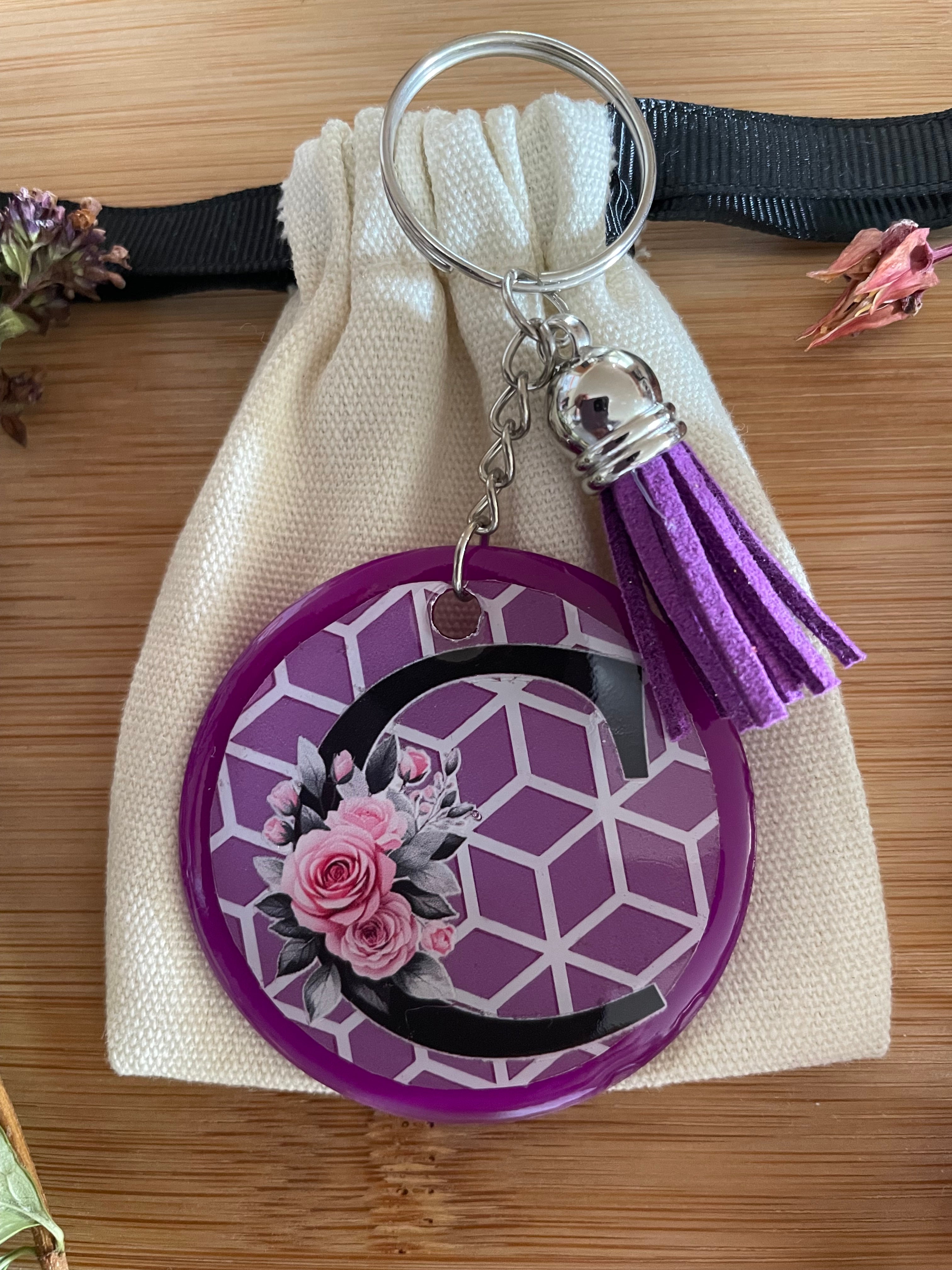 Handmade Purple Acrylic, Resin and Vinyl Letter C Keychain with Tassel.