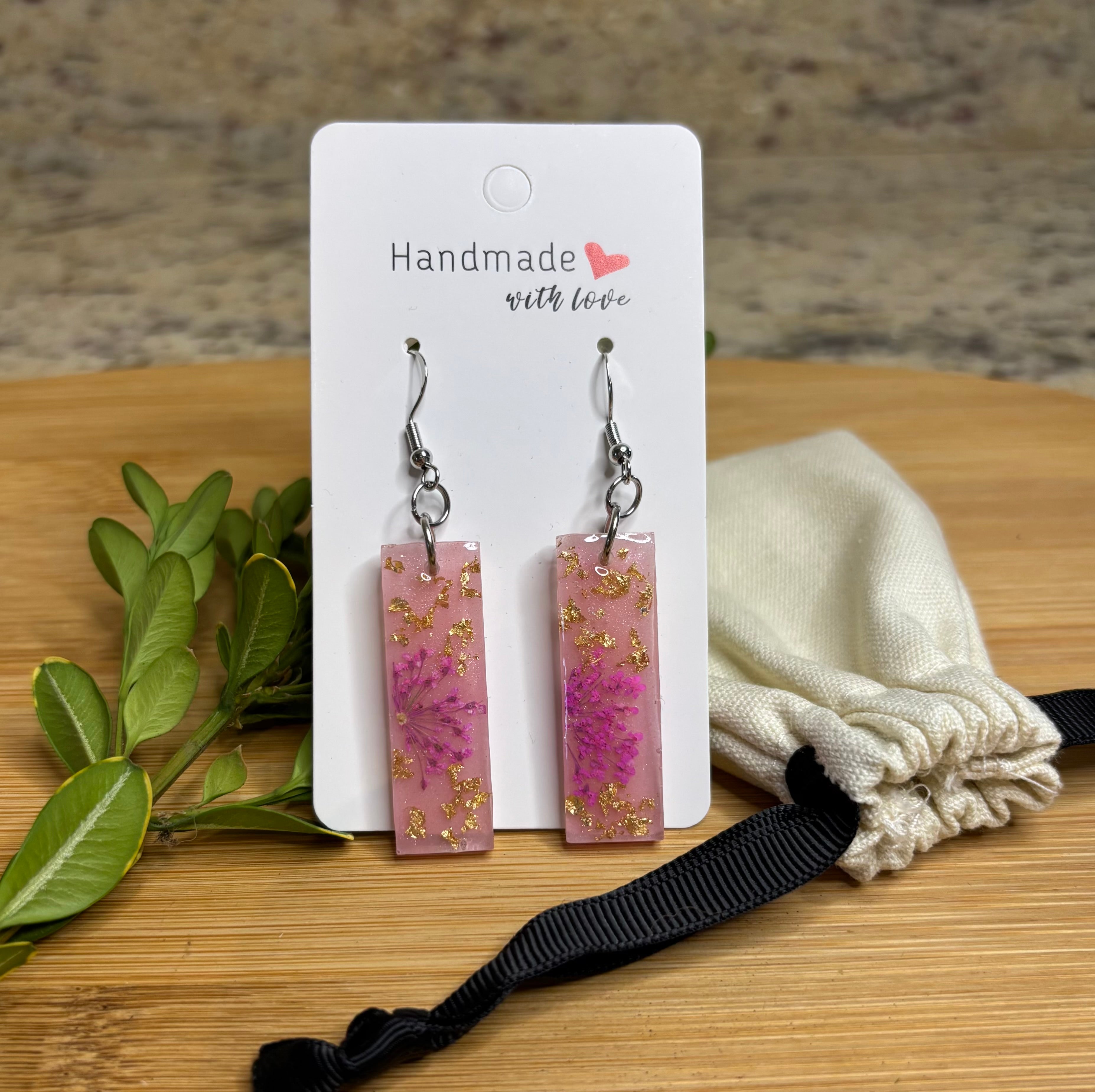 Unique Handmade Dangly Resin Earrings Light Pink with Real Dried Flowers and Gold Foil