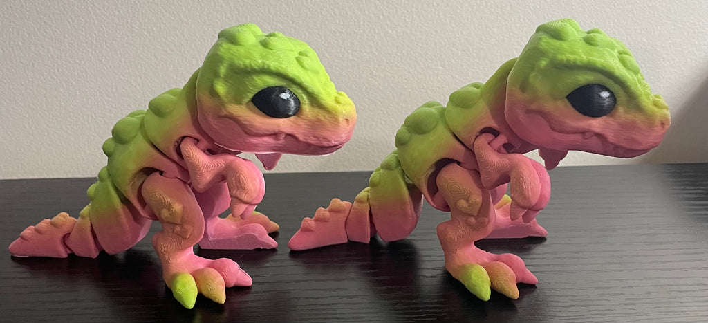 3d Printed Pink and Fluro Green Heart Tiny T-Rex Dinosaur.