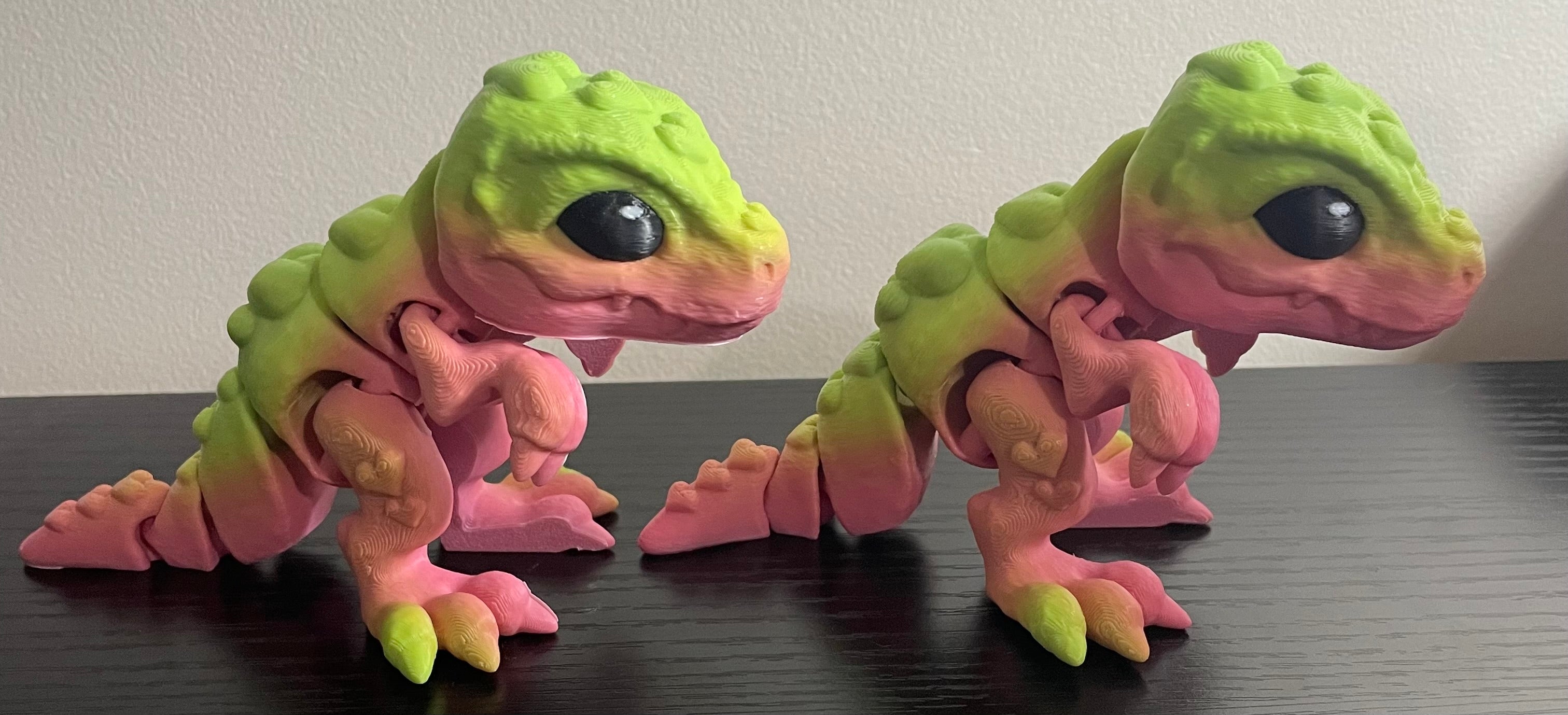 3d Printed Pink and Fluro Green Heart Tiny T-Rex Dinosaur.