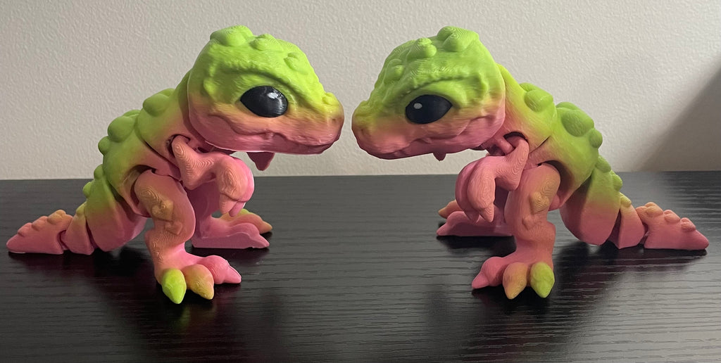 3d Printed Pink and Fluro Green Heart Tiny T-Rex Dinosaur.