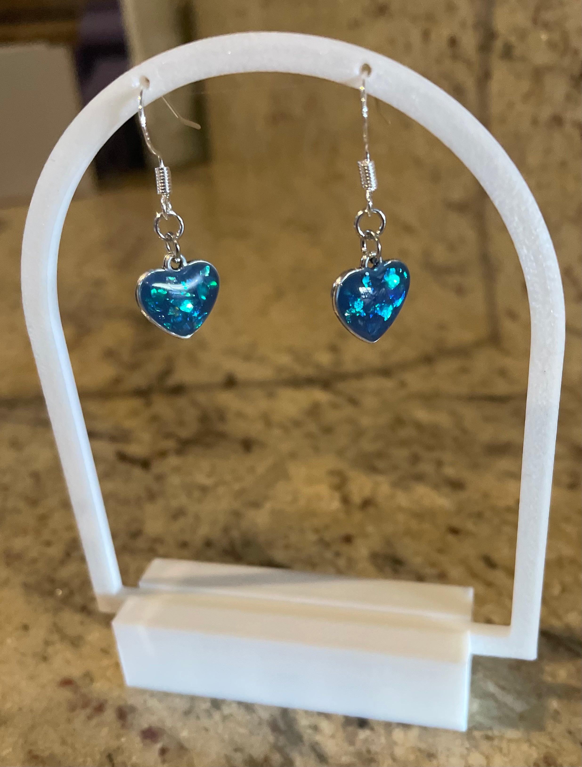 Unique Blue Sparkly Dangle Heart Shaped Resin Earrings