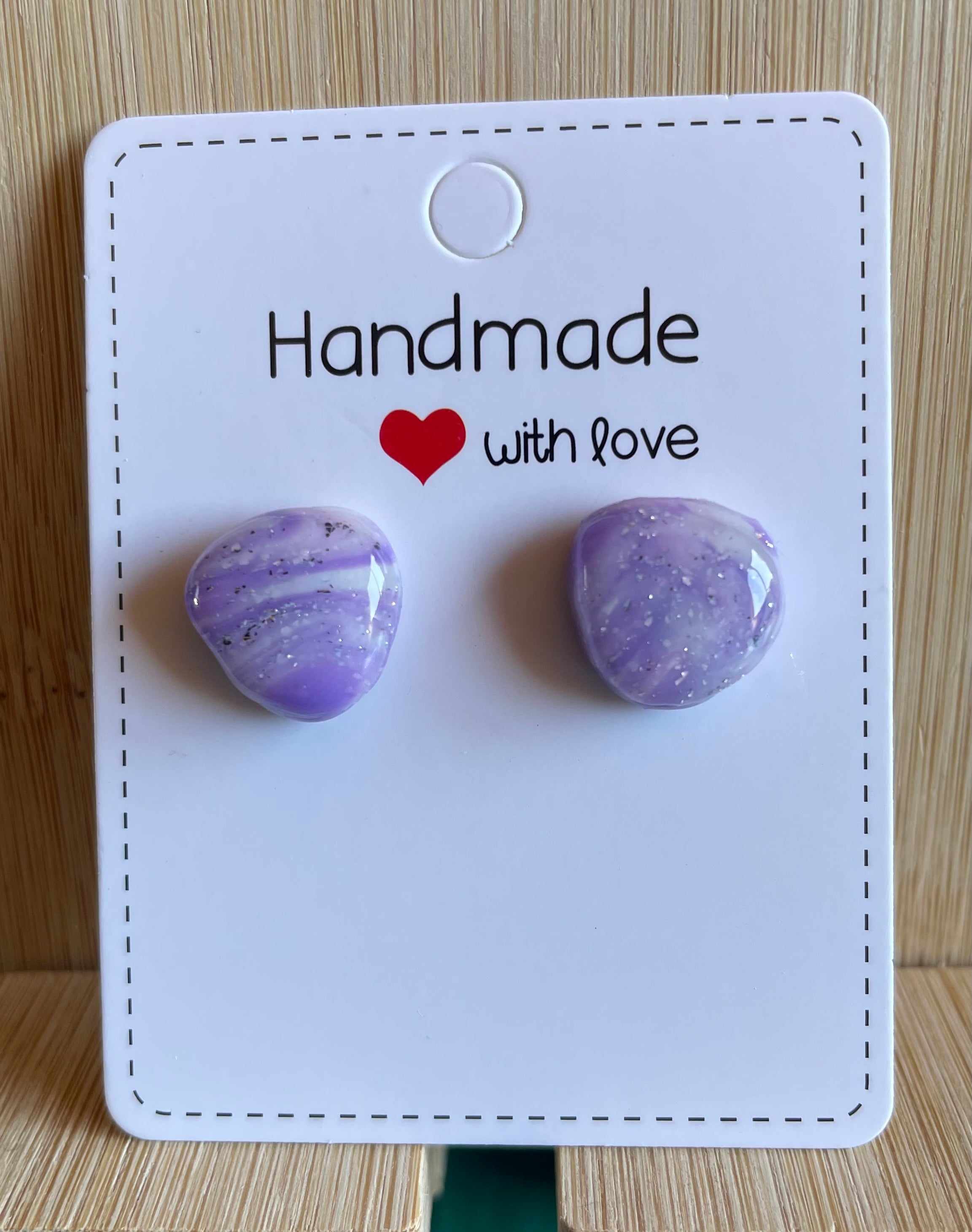 Unique Handmade Polymer Clay and Resin Studs Marbled Purple, White and Silver