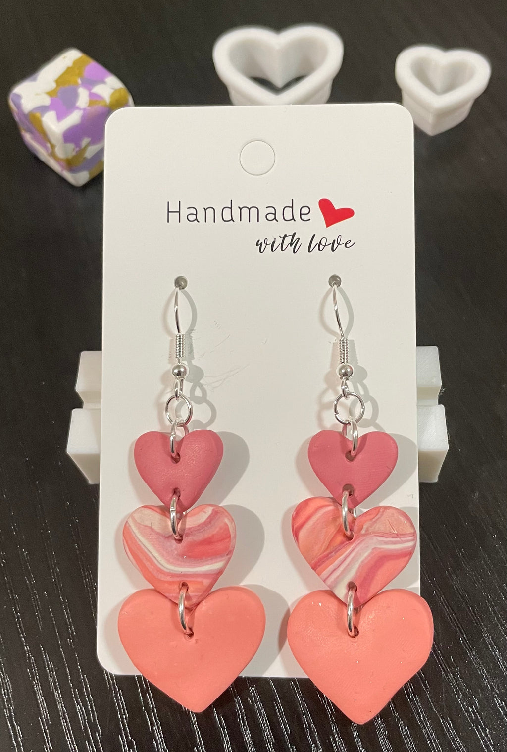 Unique Handmade 3 Tones of Pink Hearts Dangly Polymer Clay Earrings.