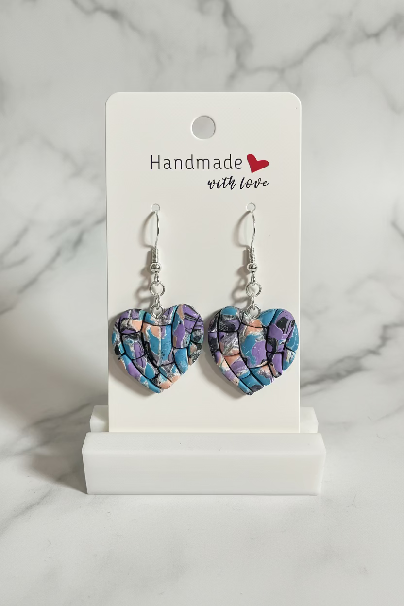 Unique Handmade Polymer Clay Dangly Love Heart Earrings. Multicoloured with a Silver Sparkle.