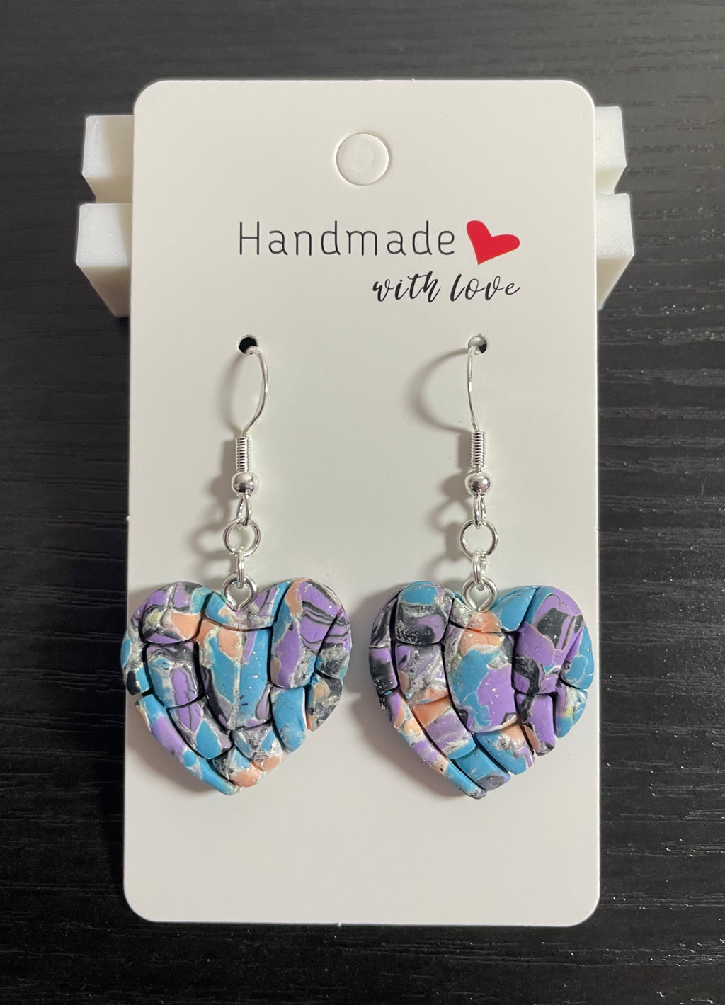 Unique Handmade Polymer Clay Dangly Love Heart Earrings. Multicoloured with a Silver Sparkle.