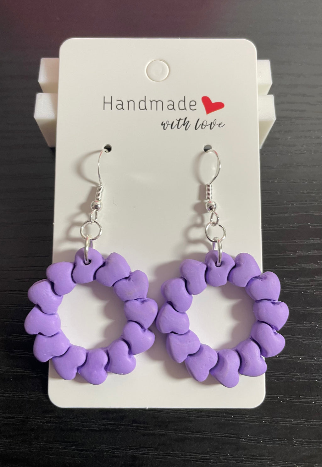 Unique Handmade Polymer Clay Purple Circle of Hearts Dangly Earrings.