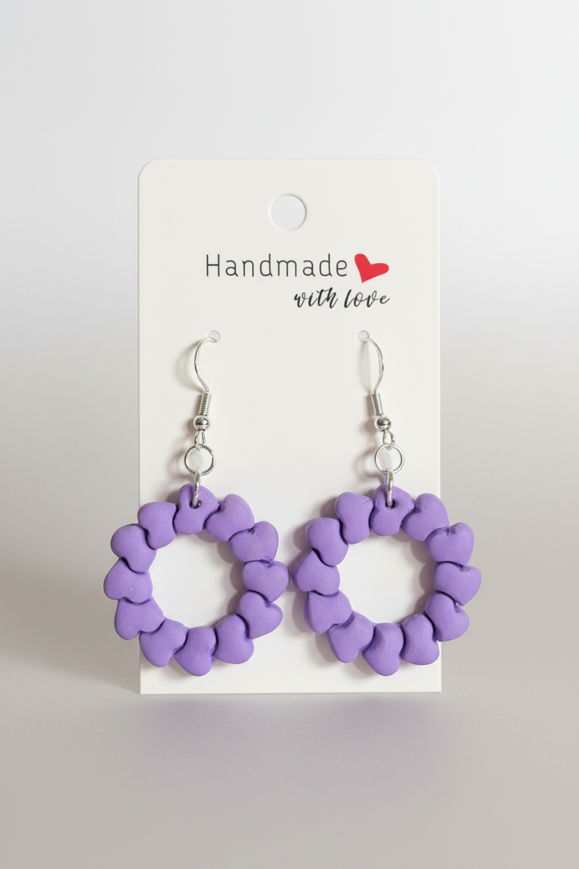 Unique Handmade Polymer Clay Purple Circle of Hearts Dangly Earrings.