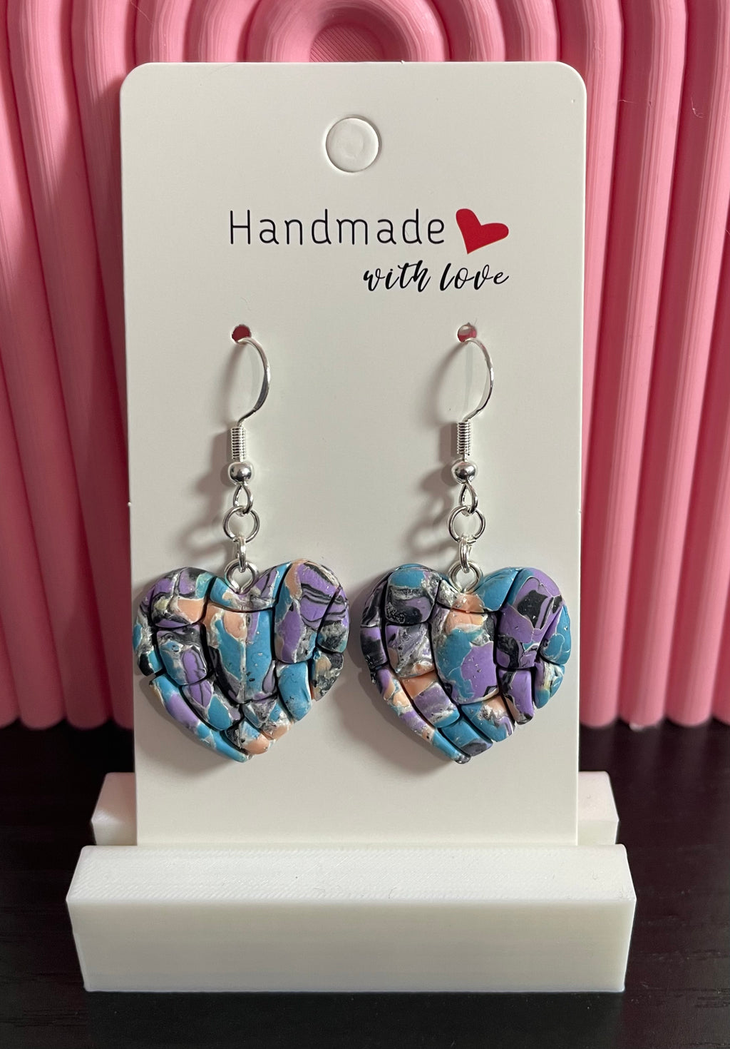 Unique Handmade Polymer Clay Dangly Love Heart Earrings. Multicoloured with a Silver Sparkle.