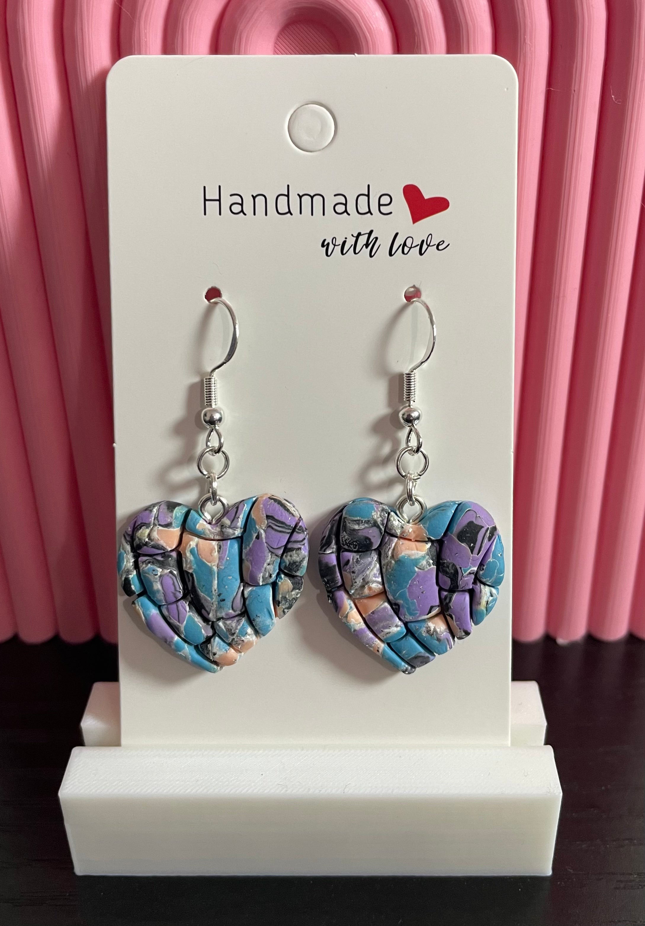 Unique Handmade Polymer Clay Dangly Love Heart Earrings. Multicoloured with a Silver Sparkle.