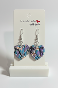 Unique Handmade Polymer Clay Dangly Love Heart Earrings. Multicoloured with a Silver Sparkle.