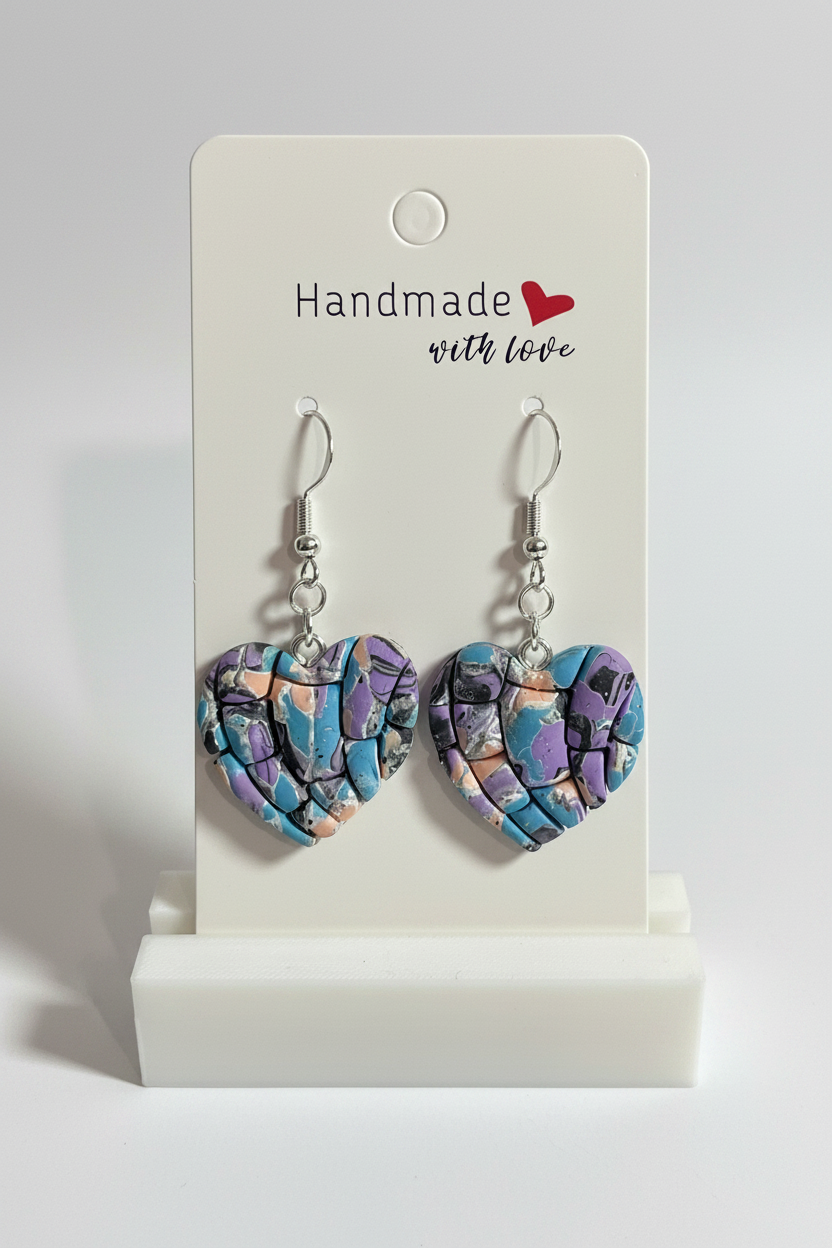 Unique Handmade Polymer Clay Dangly Love Heart Earrings. Multicoloured with a Silver Sparkle.