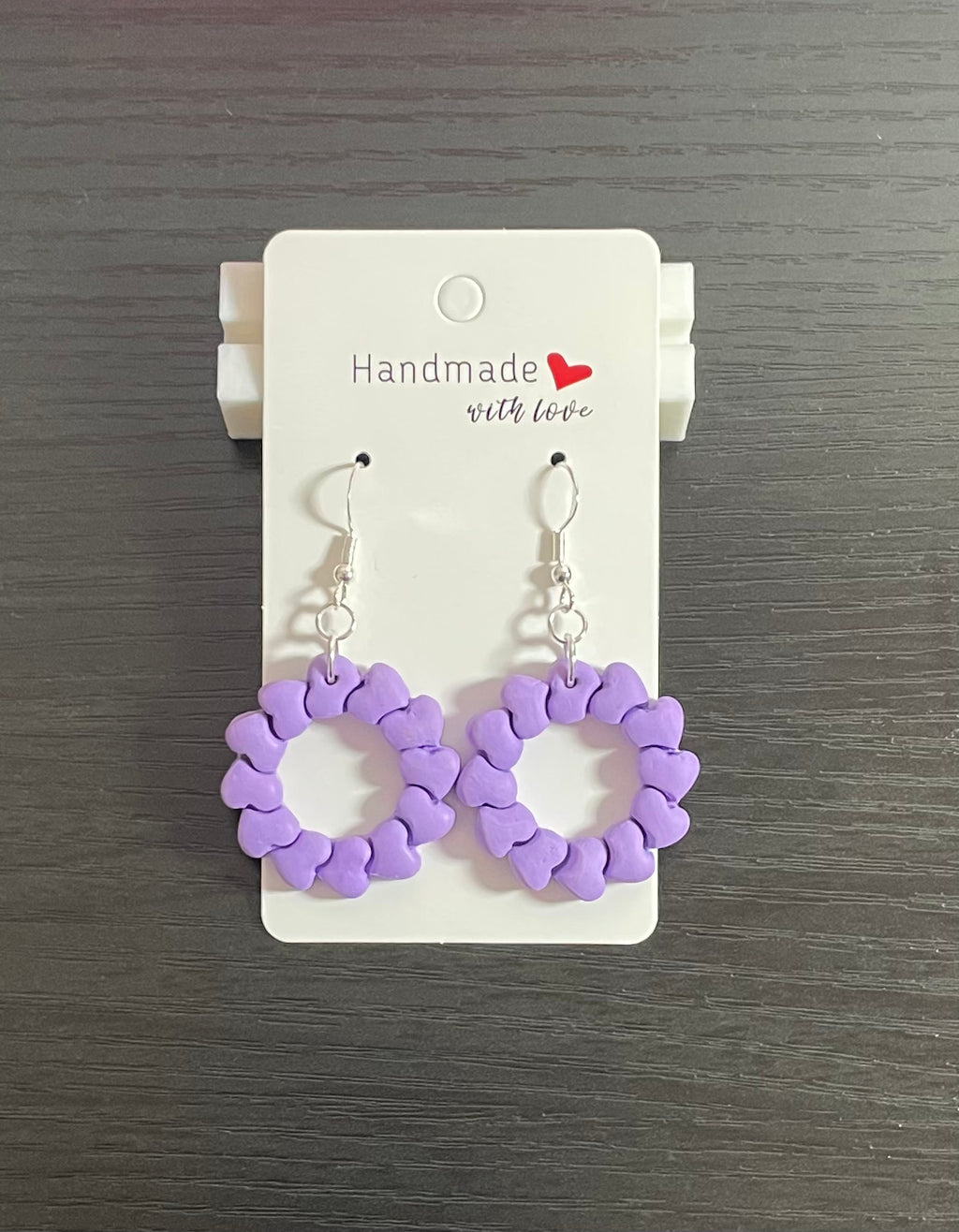 Unique Handmade Polymer Clay Purple Circle of Hearts Dangly Earrings.