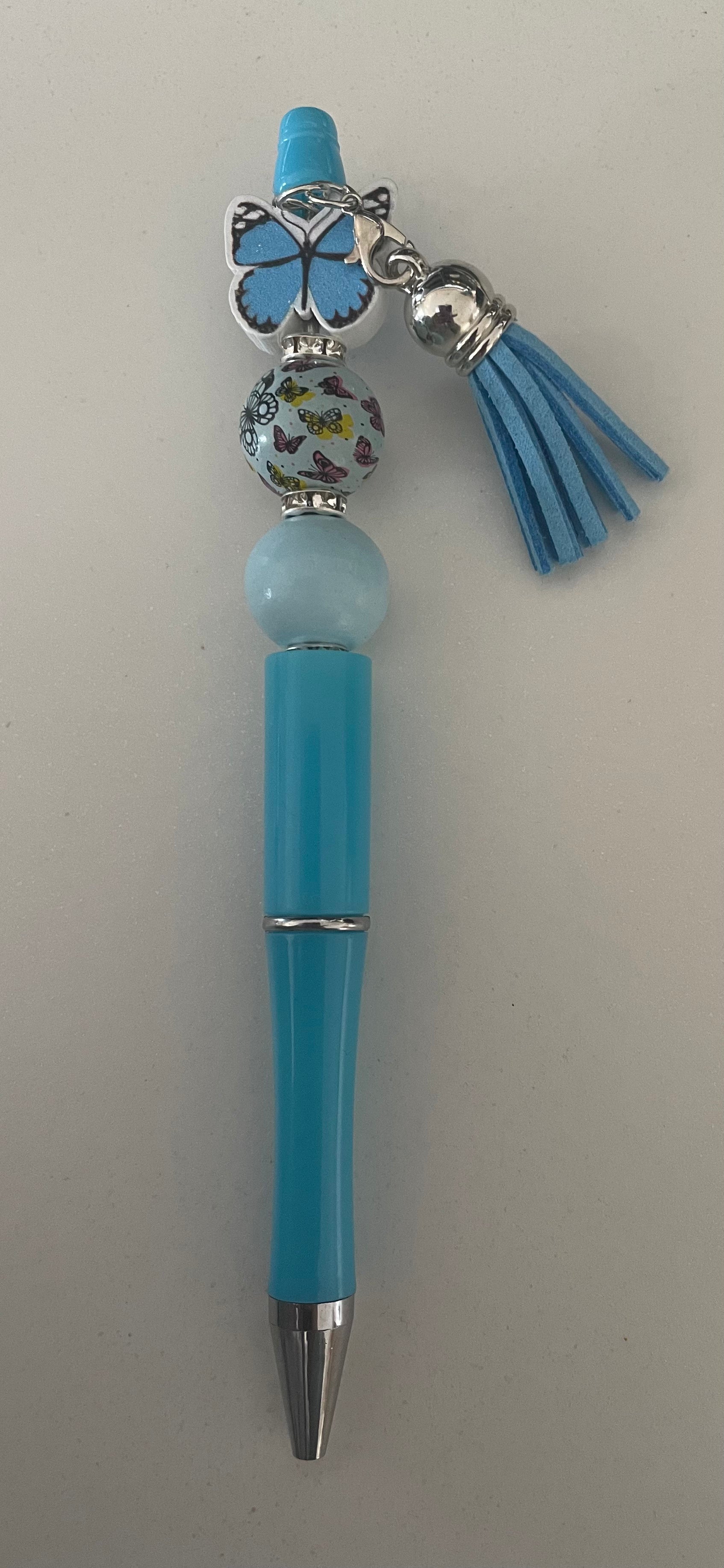Unique Blue Butterfly Beaded Pen With Tassel.
