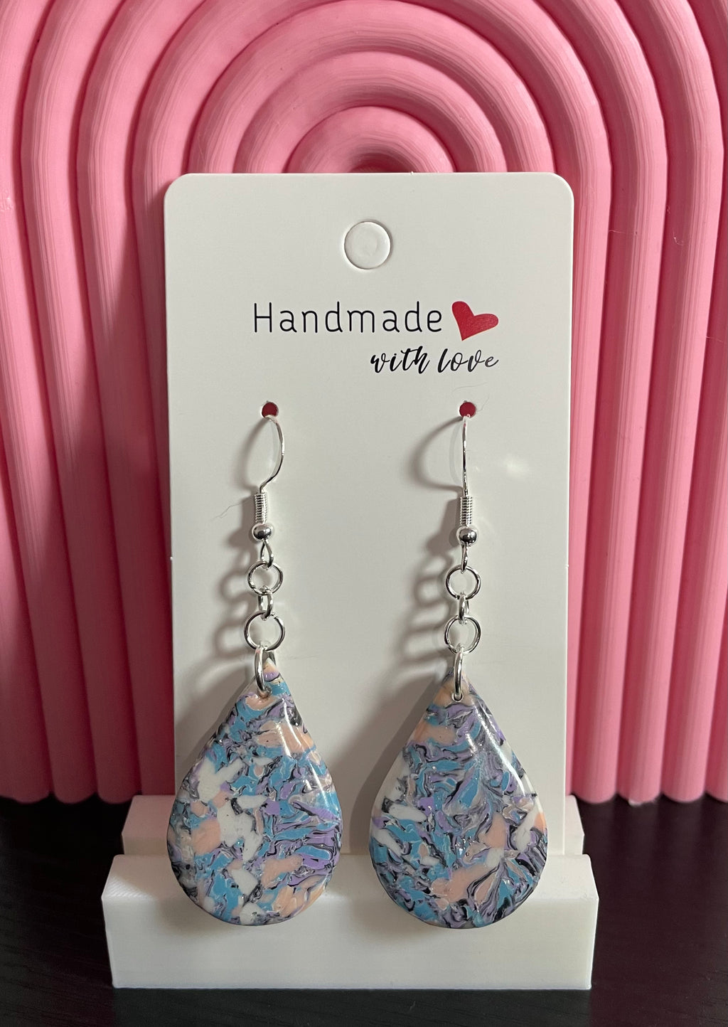 Unique Polymer Clay and Resin Dangly Teardrop Earrings. Marbled pattern with a Touch of Silver Sparkle.