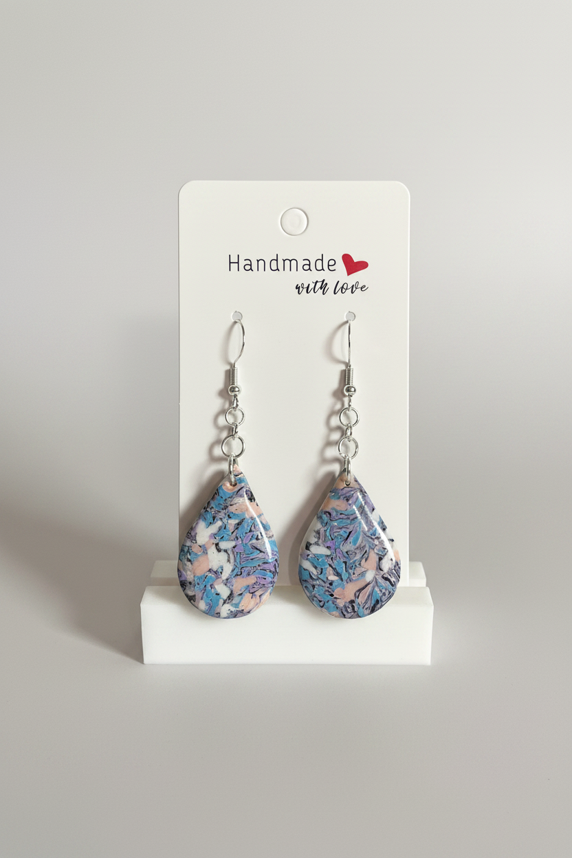 Unique Polymer Clay and Resin Dangly Teardrop Earrings. Marbled pattern with a Touch of Silver Sparkle.