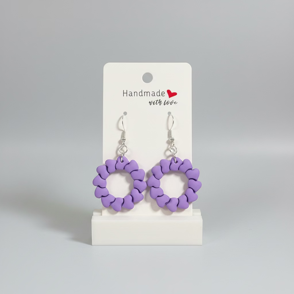 Unique Handmade Polymer Clay Purple Circle of Hearts Dangly Earrings.
