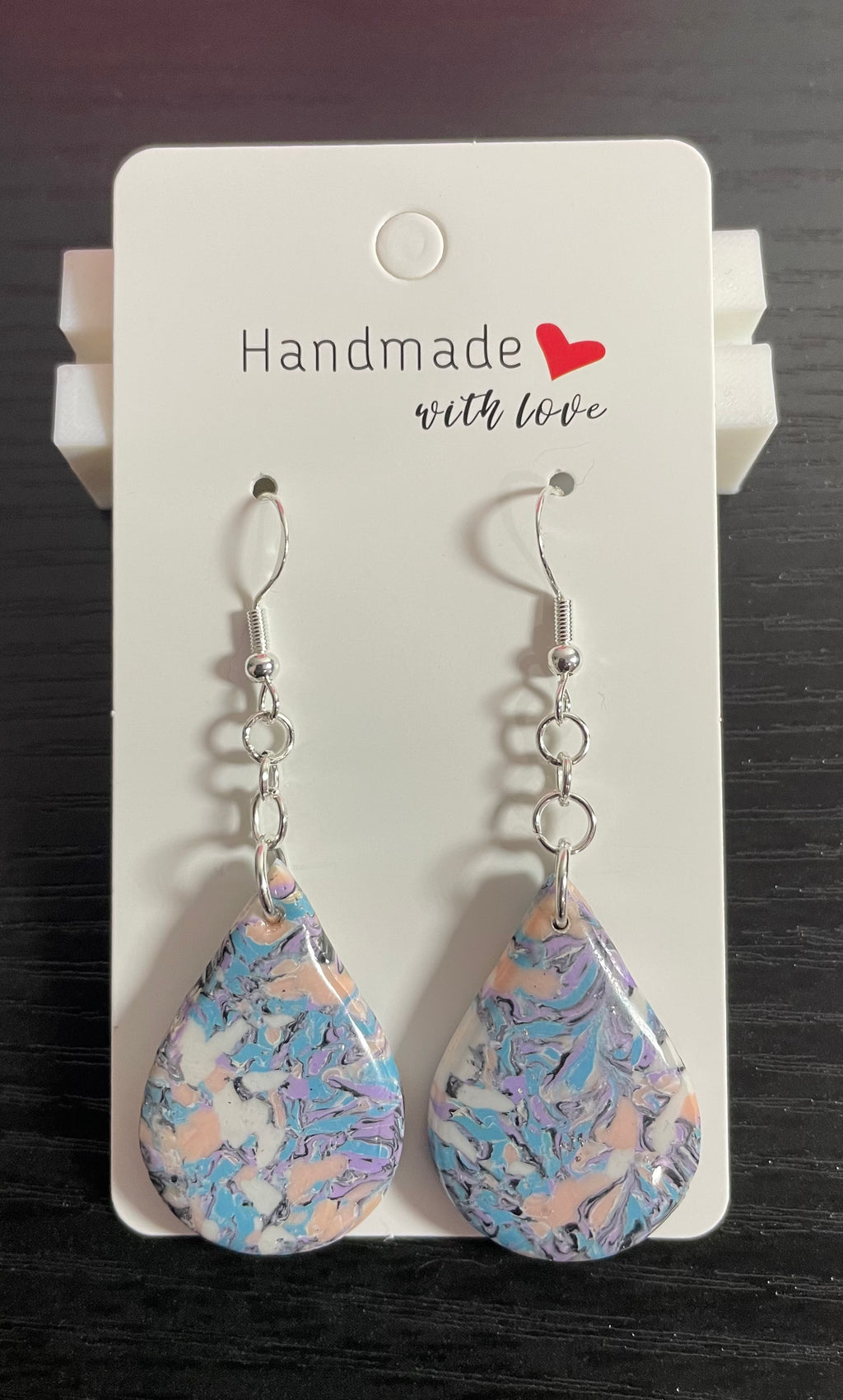 Unique Polymer Clay and Resin Dangly Teardrop Earrings. Marbled pattern with a Touch of Silver Sparkle.