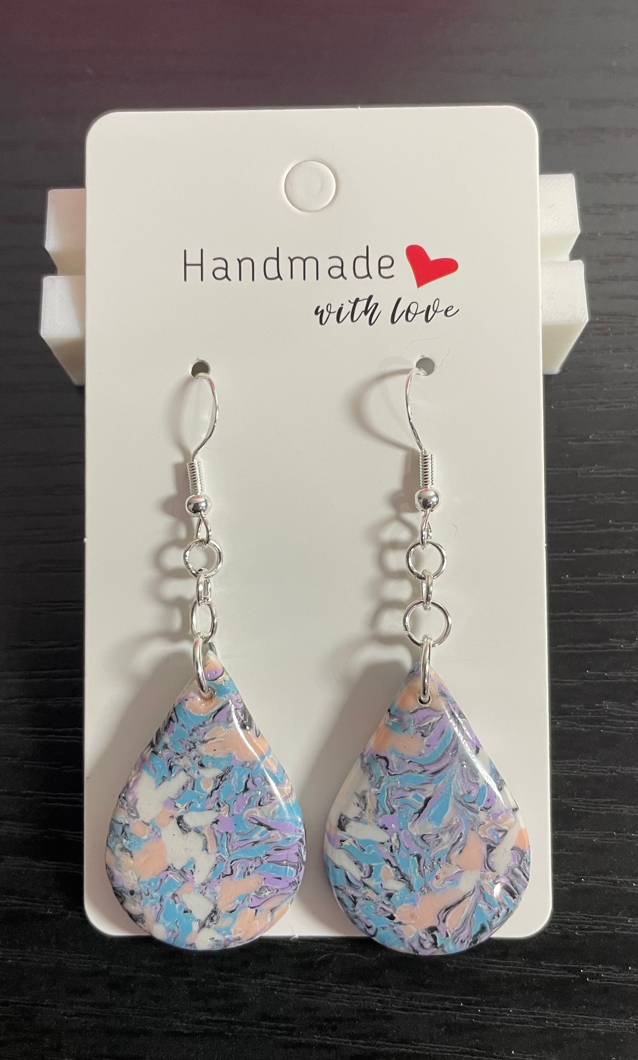 Unique Polymer Clay and Resin Dangly Teardrop Earrings. Marbled pattern with a Touch of Silver Sparkle.